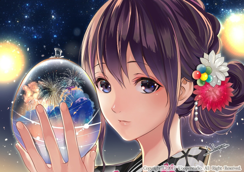 1girl aerial_fireworks artist_name bangs beads black_kimono blue_eyes braid brown_hair closed_mouth clouds commentary_request fingernails fireworks floral_print hair_ornament hands_up holding japanese_clothes kimono light_particles lips long_hair looking_at_viewer night night_sky original sidelocks sky solo star_(sky) starry_sky tied_hair uooper upper_body water_balloon watermark