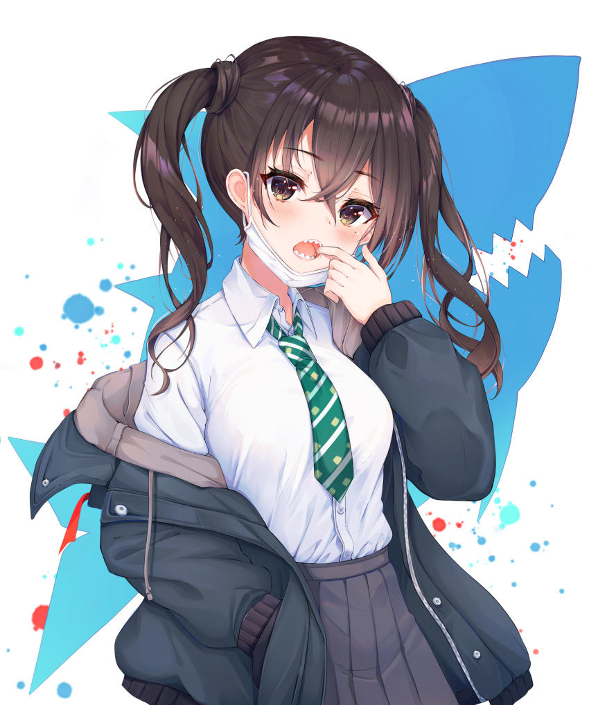1girl :o absurdres bangs black_jacket black_skirt blush breasts brown_eyes brown_hair buttons collared_shirt commentary_request drawstring finger_in_mouth green_neckwear hair_between_eyes hand_in_pocket hand_up head_tilt highres hood hood_down hooded_jacket idolmaster idolmaster_cinderella_girls jacket lebring long_hair long_sleeves looking_at_viewer mask_pull miniskirt mole mole_under_eye necktie off_shoulder open_clothes open_jacket open_mouth paint_splatter pleated_skirt school_uniform shark sharp_teeth shirt shirt_tucked_in sidelocks skirt small_breasts solo standing striped striped_neckwear sunazuka_akira surgical_mask teeth twintails upper_body wavy_hair white_background white_shirt