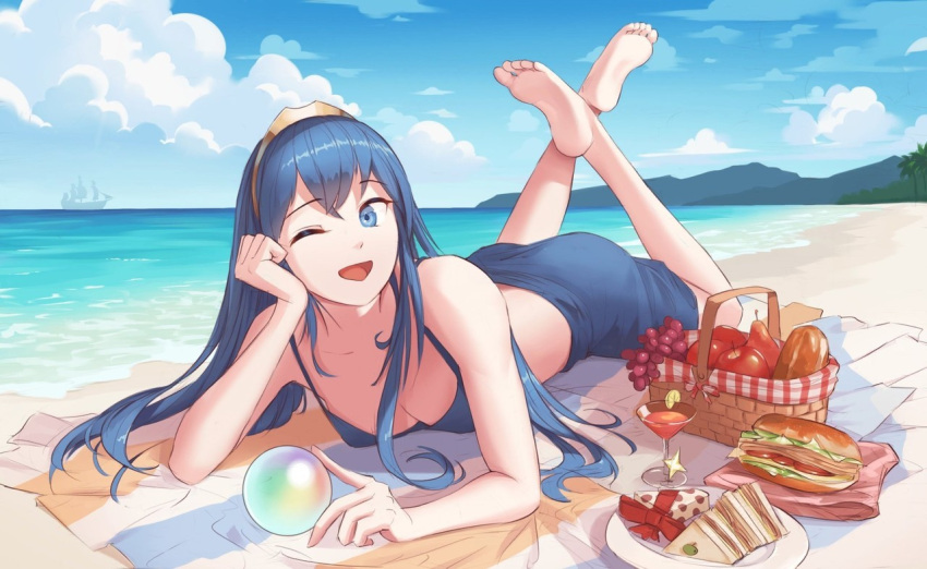 1girl :d alternate_costume apple awan97 bangs bare_shoulders beach berry blue_bikini_top blue_eyes blue_hair blue_sarong blue_sky breasts cleavage clouds commentary cup cute drink drinking_glass english_commentary fire_emblem fire_emblem:_kakusei fire_emblem_heroes food fruit full_body hair_between_eyes horizon intelligent_systems legs_crossed long_hair looking_at_viewer lucina lying medium_breasts mountainous_horizon nintendo ocean on_stomach one_eye_closed open_mouth orb picnic_basket plate sand sandwich sarong ship shore sky smile solo tiara towel watercraft waves wine_glass