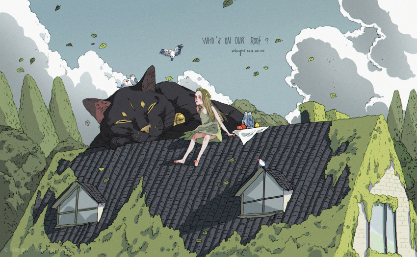 1girl animal artist_name black_cat blonde_hair blue_sky building cat closed_eyes clouds commentary day dress english_commentary falling_leaves fish green_dress highres house jar leaf long_hair moss on_roof original overgrown oversized_animal rooftop sitting sky sleeping_animal sleeveless sleeveless_dress solo sunlight tree watermark web_address window xi_zhang