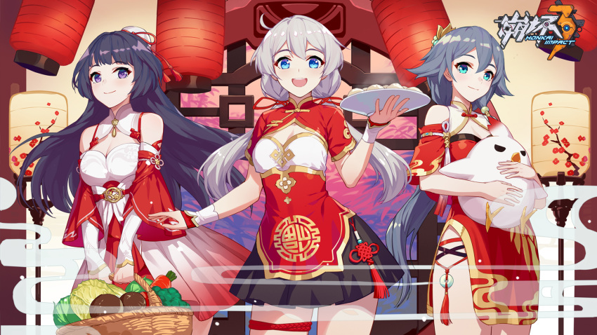 3girls bare_shoulders basket black_hair blue_eyes china_dress chinese_clothes detached_sleeves dress food fu_hua highres honkai_(series) honkai_impact_3 kiana_kaslana lantern long_hair low_ponytail multiple_girls official_art open_clothes raiden_mei short_twintails skirt tray twintails vegetable very_long_hair violet_eyes wristband
