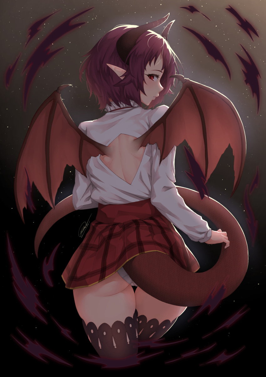 1girl ass dragon_girl dragon_horns dragon_tail dragon_wings from_behind granblue_fantasy grea_(shingeki_no_bahamut) highres horns long_sleeves looking_at_viewer looking_back panties plaid plaid_skirt pointy_ears purple_hair red_eyes red_skirt shingeki_no_bahamut shirt short_hair signature skirt solo tail thigh-highs thore_(nathalukpol) underwear white_panties white_shirt wings