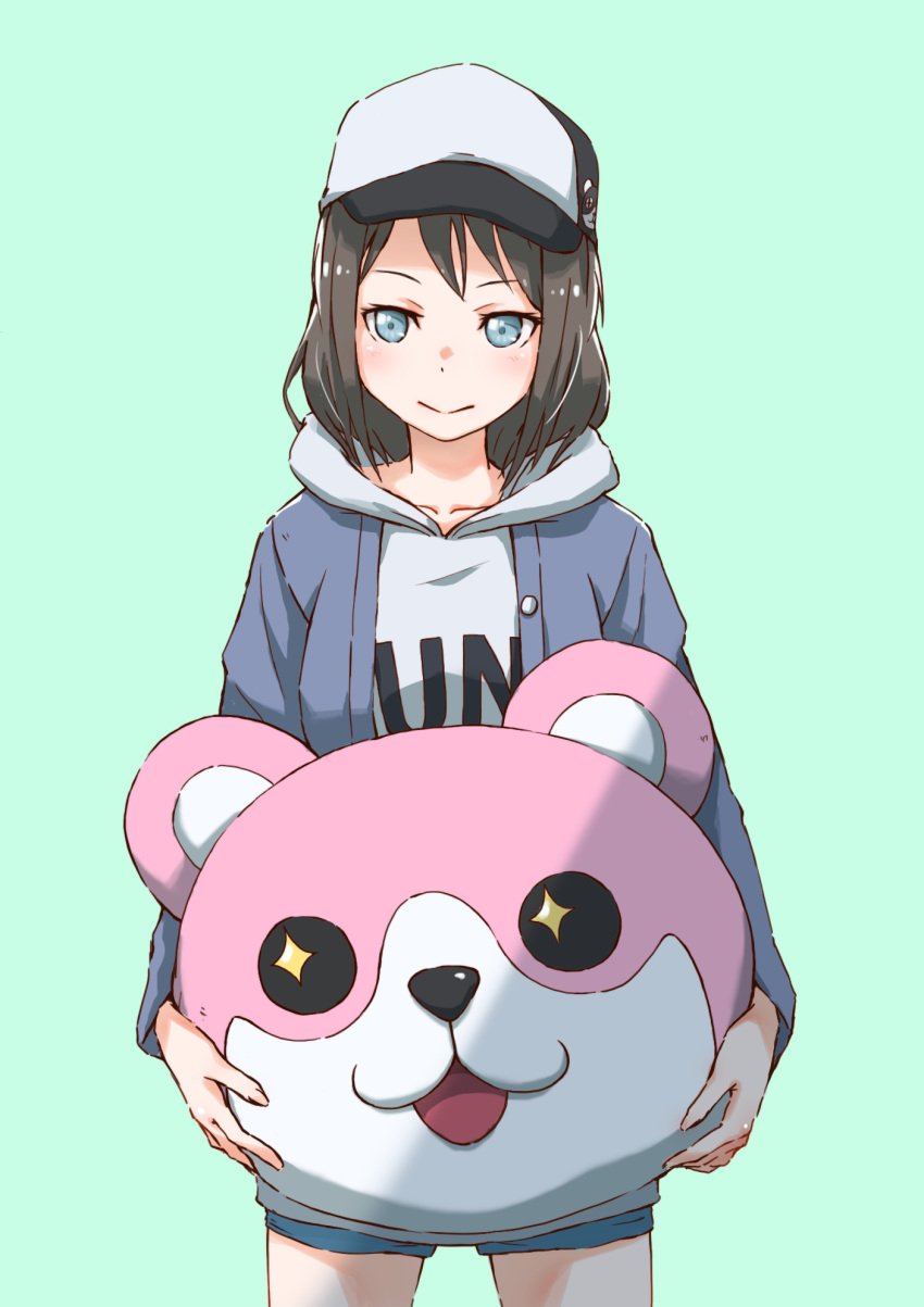 +_+ 1girl :&gt; :3 :d artist_request bang_dream! bangs baseball_cap bear_head black_hair blue_eyes blue_jacket character_hat_ornament clothes_writing cowboy_shot green_background grey_hoodie hat hat_ornament highres holding hood hood_down jacket long_sleeves mascot_head medium_hair michelle_(bang_dream!) okusawa_misaki open_mouth shorts simple_background smile solo