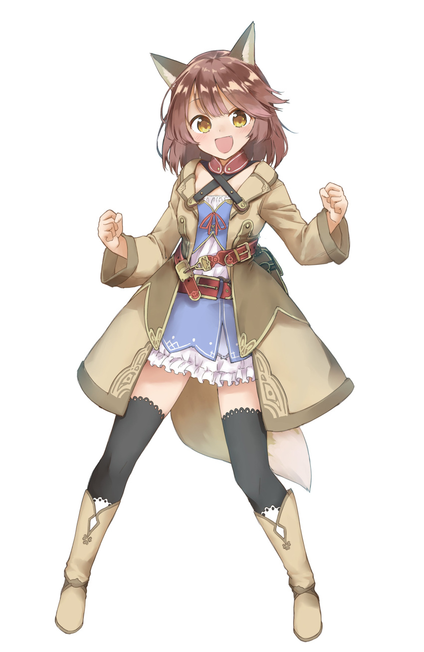 1girl :d absurdres amane_rosylily animal_ear_fluff animal_ears bangs belt belt_buckle black_legwear blush boots brown_belt brown_coat brown_eyes brown_footwear brown_hair buckle clenched_hands coat collarbone commentary_request criss-cross_halter dress eyebrows_visible_through_hair fang fox_ears fox_girl fox_tail halterneck highres knee_boots long_sleeves looking_at_viewer open_clothes open_coat open_mouth original sekira_ame simple_background smile solo standing tail thigh-highs white_background white_dress
