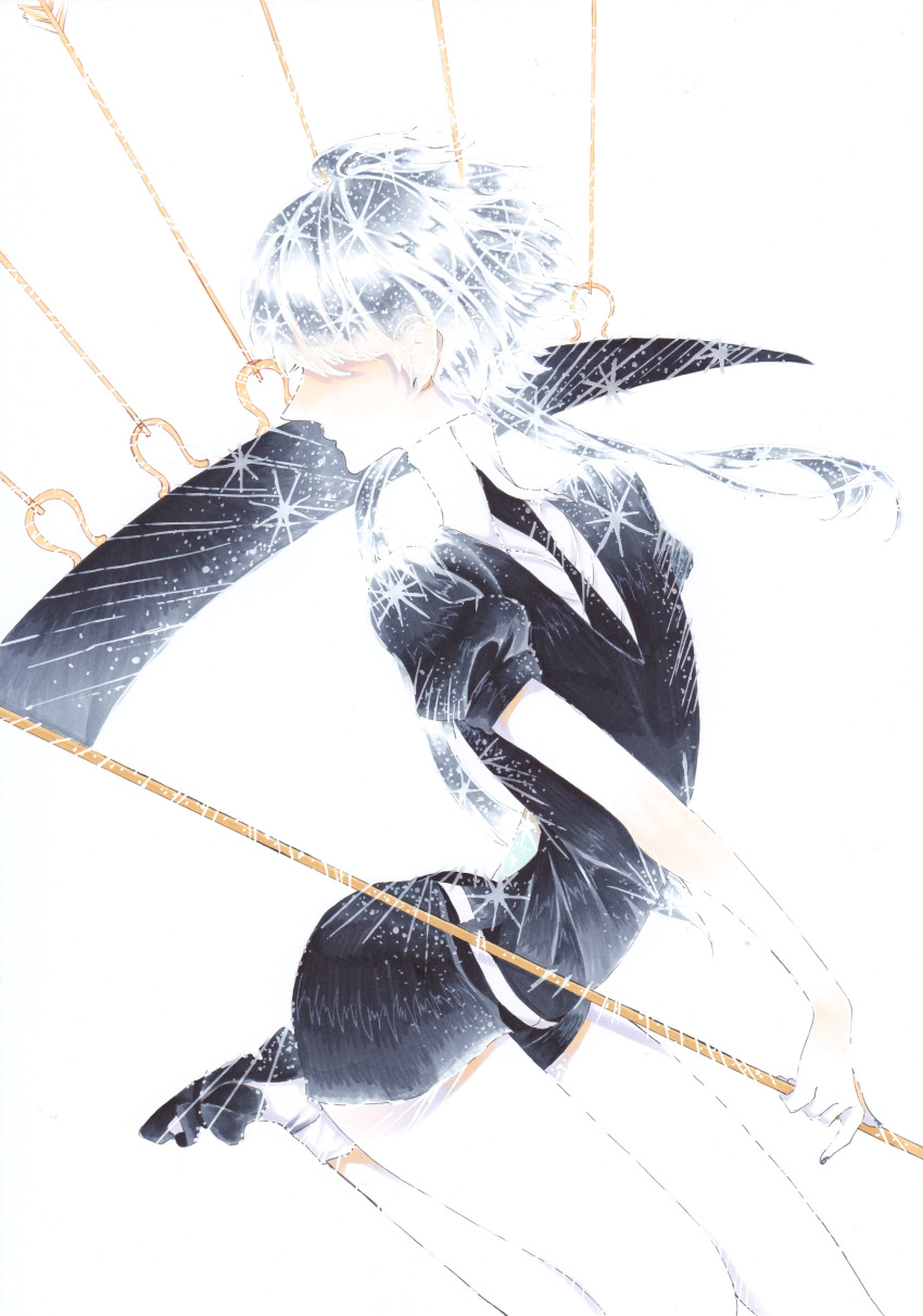 1other absurdres androgynous arrow crystal_hair gem_uniform_(houseki_no_kuni) ghost_quartz_(houseki_no_kuni) hair_over_eyes highres houseki_no_kuni kanitohituzi marker_(medium) necktie scythe short_hair_with_long_locks silver_hair solo traditional_media weapon white_background white_hair