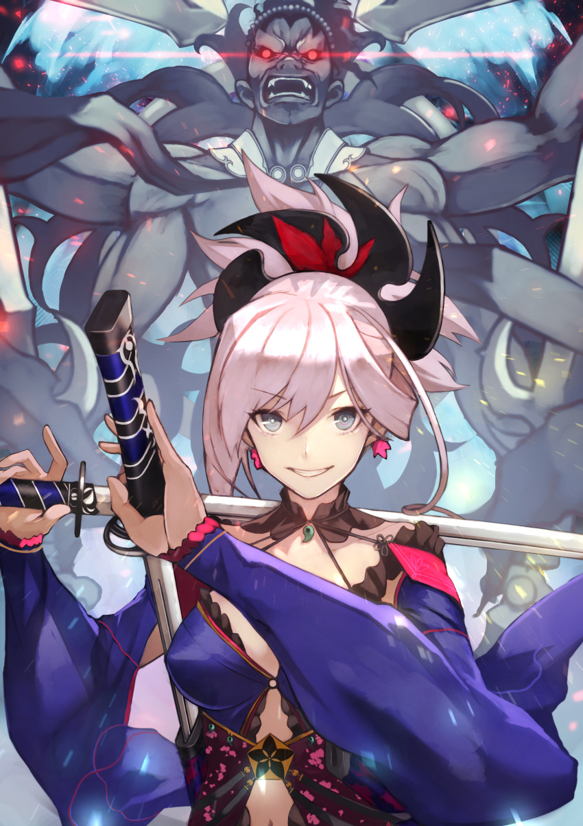 1girl 55level absurdres asymmetrical_hair blue_eyes blue_kimono detached_sleeves dual_wielding earrings fate/grand_order fate_(series) grin hair_ornament highres holding holding_sword holding_weapon japanese_clothes jewelry katana kimono leaf_print miyamoto_musashi_(fate/grand_order) navel_cutout pink_hair ponytail sash short_kimono sleeveless sleeveless_kimono smile sword unsheathed weapon wide_sleeves