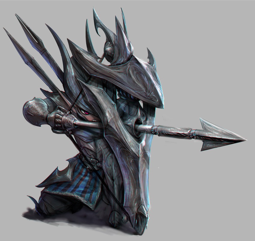 1boy aiming armor arrow belt belt_buckle bow bow_(weapon) buckle clenched_teeth gauntlets greaves grey_background helmet holding holding_arrow holding_bow_(weapon) holding_shield holding_weapon kyung_han_kim male_focus one_knee original pointy_ears pulling red_eyes shield simple_background solo teeth vambraces weapon wheel