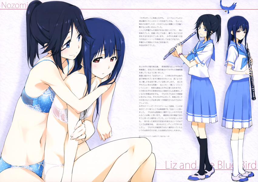 2girls absurdres bird black_hair black_legwear blue_bra blue_eyes blue_hair blue_neckwear blue_panties blue_sailor_collar blue_skirt bra character_name copyright_name groin hair_between_eyes hibike!_euphonium highres holding holding_instrument hug hug_from_behind instrument kasaki_nozomi kneehighs kurashima_tomoyasu liz_to_aoi_tori loafers long_hair medium_skirt multiple_girls navel panties pleated_skirt ponytail red_eyes sailor_collar school_uniform serafuku shiny shiny_hair shirt shoes short_sleeves skirt smile underwear underwear_only white_bra white_legwear white_panties white_shirt yoroizuka_mizore