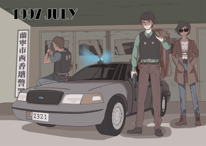 1girl 2boys assault_rifle black_hair brown_hair bulletproof_vest car chinese cigarette coat coat_removed etmc1992 ground_vehicle gun hands_in_pockets highres holding holding_gun holding_weapon holster holstered_weapon id_card m4_carbine motor_vehicle multiple_boys necktie original police police_car rifle sitting smoking sunglasses translation_request weapon