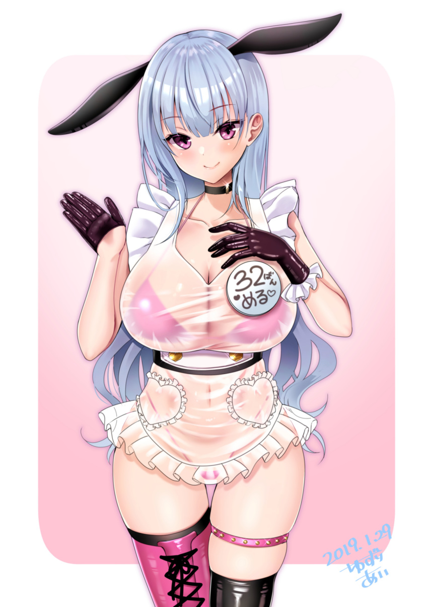 1girl 2019 animal_ears bikini black_gloves black_legwear blush boots breasts choker cleavage covered_navel cross-laced_footwear dated dress frilled_dress frills gloves gradient gradient_background highres large_breasts lavender_hair long_hair looking_at_viewer navel original pink_footwear rabbit_ears see-through short_dress simple_background single_boot smile solo swimsuit thigh-highs thigh_strap violet_eyes white_dress yuzuri_ai