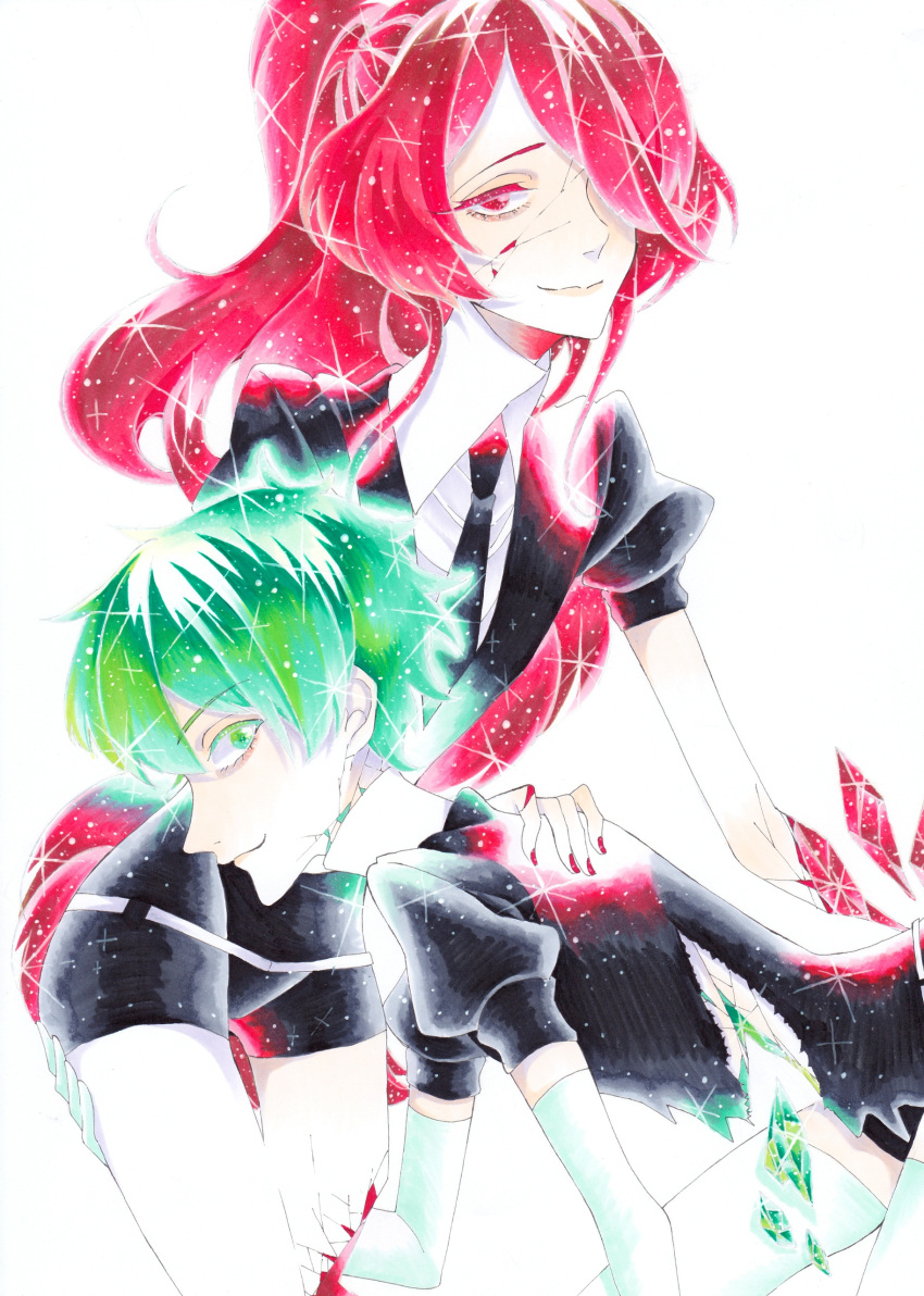 2others absurdres androgynous breaking colored_eyelashes cracked crystal_hair elbow_gloves eyebrows_visible_through_hair gem_uniform_(houseki_no_kuni) gloves green_diamond_(houseki_no_kuni) green_eyes green_hair hair_over_one_eye highres houseki_no_kuni kanitohituzi long_hair looking_at_viewer marker_(medium) missing_limb multiple_others necktie ponytail red_eyes redhead ruby_(houseki_no_kuni) shards short_hair smile thigh-highs traditional_media very_long_hair white_background