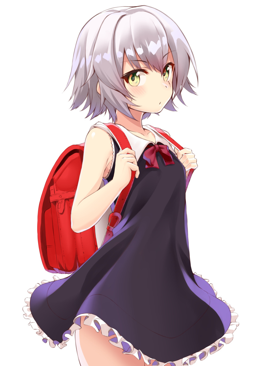 1girl absurdres backpack bag blue_dress collar commentary_request cowboy_shot dress eyebrows_visible_through_hair fate/apocrypha fate_(series) frilled_dress frills grey_hair hair_between_eyes highres jack_the_ripper_(fate/apocrypha) randoseru red_neckwear school_bag short_hair shunichi sidelocks simple_background white_background white_collar