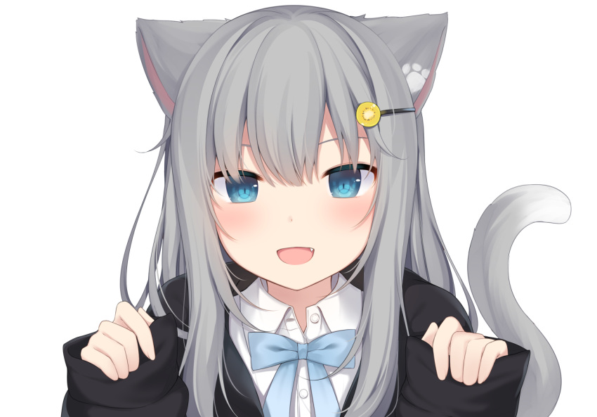 1girl :d amashiro_natsuki animal_ears bangs black_jacket blue_eyes blue_neckwear blush buttons cat_ears cat_tail collared_shirt commentary_request dress_shirt fang grey_hair hair_between_eyes hair_ornament hairclip hands_up jacket long_hair long_sleeves looking_at_viewer neck_ribbon open_clothes open_jacket open_mouth original pinching_sleeves ribbon shirt simple_background sleeves_past_wrists smile solo tail white_background white_shirt