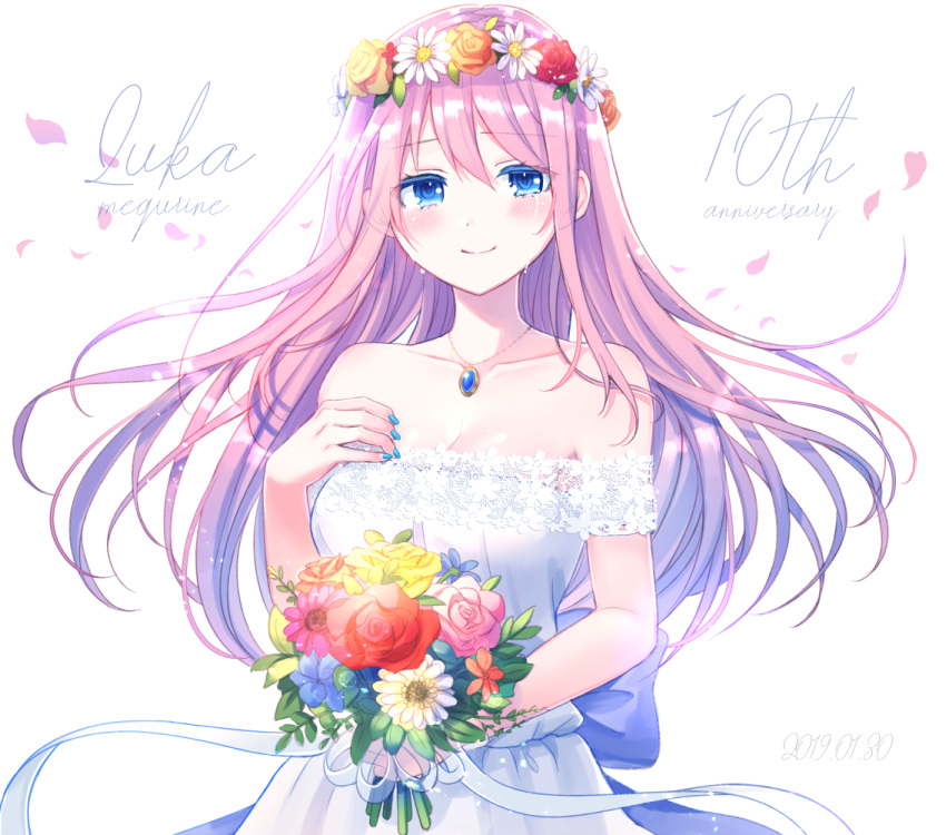 1girl anniversary bangs bare_shoulders blue_eyes blue_flower blue_nails blush bouquet breasts cleavage closed_mouth collarbone commentary_request crying dated dress eyebrows_visible_through_hair fingernails flower flower_wreath hair_between_eyes head_wreath holding holding_bouquet jewelry kashiwabara_en long_hair medium_breasts megurine_luka nail_polish pendant pink_flower pink_hair pink_rose red_flower rose simple_background smile solo strapless strapless_dress tears very_long_hair vocaloid white_background white_dress white_flower yellow_flower yellow_rose