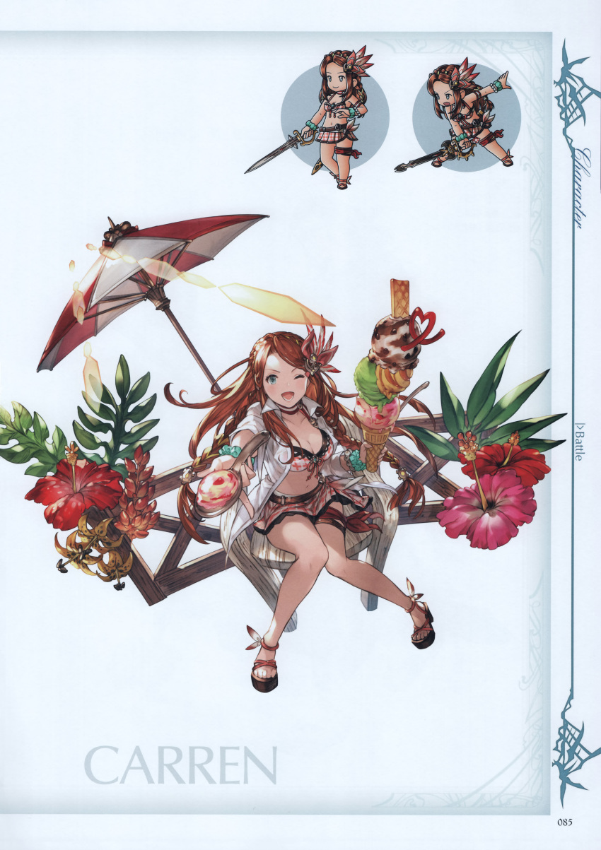 1girl absurdres belt bikini bikini_skirt blue_eyes bracelet braid breasts brown_hair carren carren_estapera chair cleavage collarbone crown_braid flower food full_body granblue_fantasy hair_ornament hibiscus highres holding ice_cream jewelry long_hair looking_at_viewer looking_up medium_breasts minaba_hideo navel official_art one_eye_closed open_clothes open_mouth open_shirt open_toe_shoes pearl_bracelet sandals scan shirt shoes short_sleeves sitting smile solo spoon sunlight swimsuit thigh_strap twin_braids umbrella
