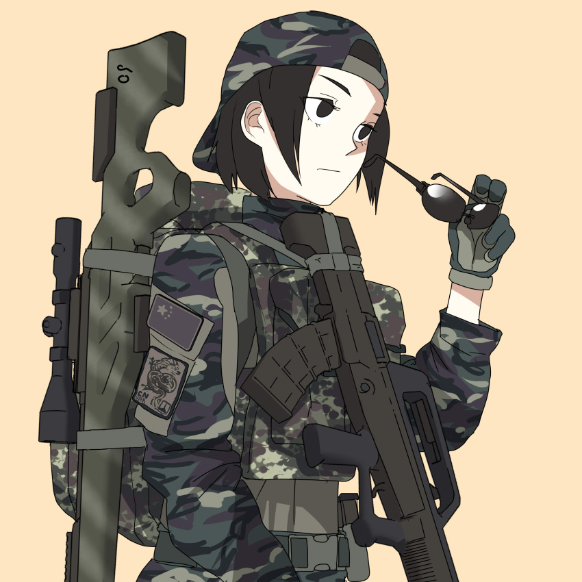 1girl absurdres backpack backwards_hat bag baseball_cap black_eyes black_hair camouflage etmc1992 eyewear_removed gloves gun hat highres original people's_republic_of_china_flag rifle short_hair simple_background sniper_rifle solid_eyes solo sunglasses weapon weapon_request