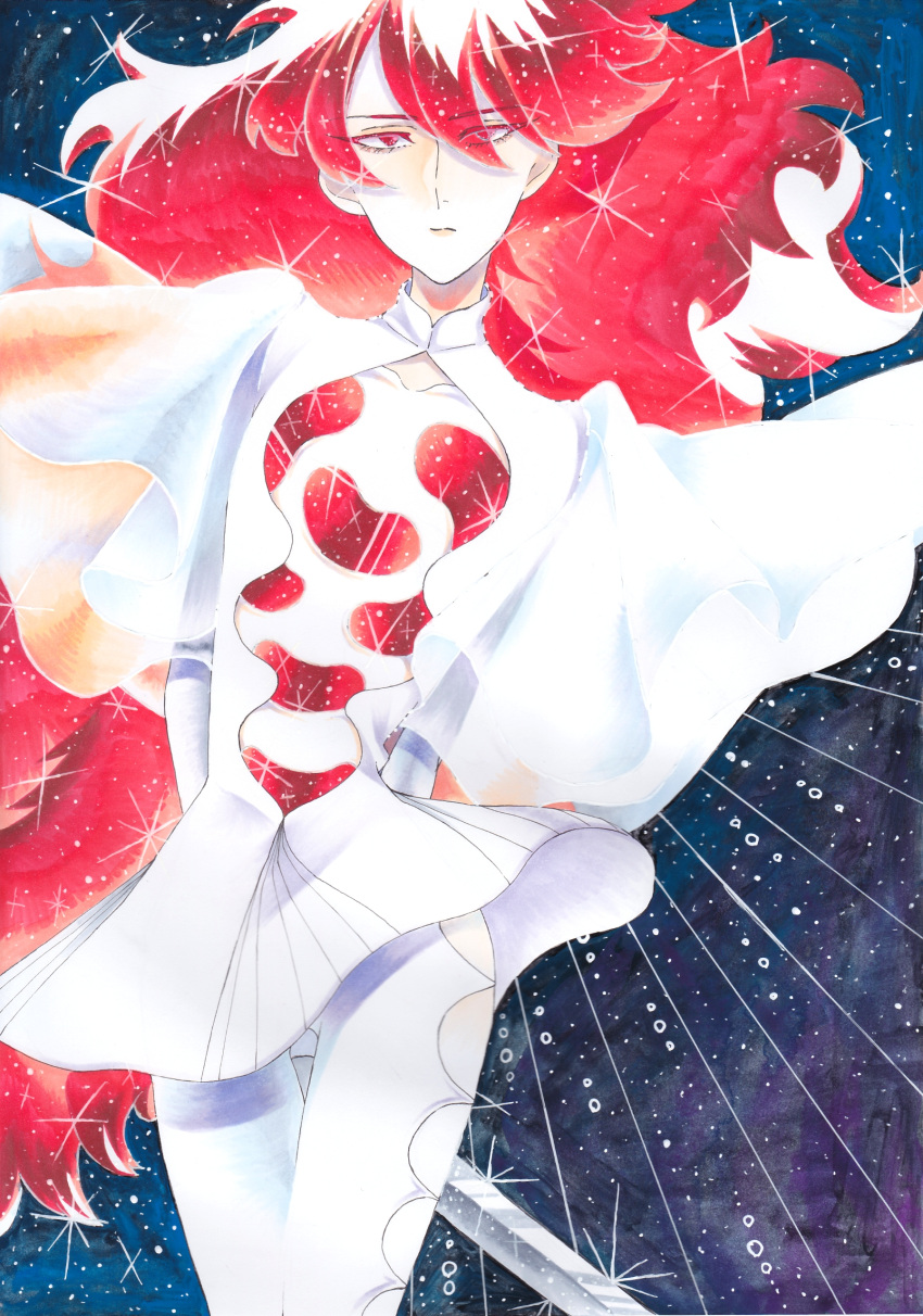 1other absurdres alternate_costume androgynous arms_behind_back colored_eyelashes crystal_hair eyebrows_visible_through_hair eyes_visible_through_hair gem highres houseki_no_kuni kanitohituzi long_hair looking_at_viewer marker_(medium) open_clothes padparadscha_(houseki_no_kuni) red_eyes redhead serious solo spoilers sword traditional_media very_long_hair wavy_hair weapon wide_sleeves