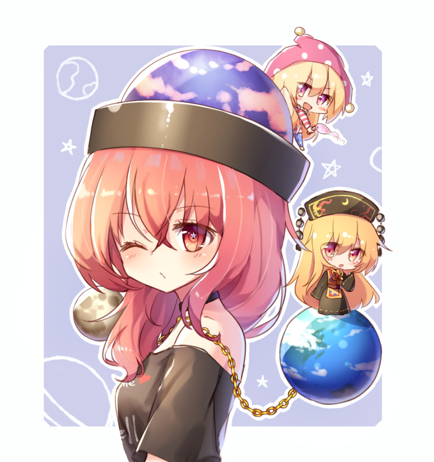 3girls :d american_flag_legwear american_flag_shirt arm_up bare_shoulders black_dress blonde_hair blue_background blush blush_stickers breasts chains chibi choker clothes_writing clownpiece dress earth_(ornament) eyebrows_visible_through_hair fang from_side hair_between_eyes hat hecatia_lapislazuli holding_torch jester_cap junko_(touhou) long_hair looking_at_viewer minigirl moon_(ornament) multiple_girls one_eye_closed open_mouth orange_eyes polos_crown pudding_(skymint_028) red_eyes redhead shirt short_hair short_sleeves small_breasts smile standing star star-shaped_pupils symbol-shaped_pupils t-shirt tabard torch touhou upper_body very_long_hair violet_eyes