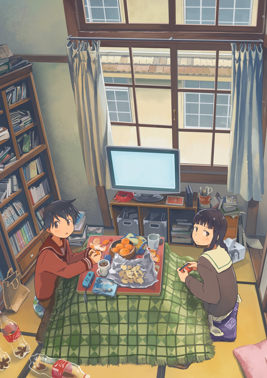 2girls bangs black_hair blunt_bangs book bookshelf bottle braid chips cola commentary_request cup curtains cushion enemy_lifebuoy_(kantai_collection) food from_above fruit highres indoors kantai_collection kitakami_(kantai_collection) kotatsu kusakabe_(kusakabeworks) long_hair looking_at_viewer mandarin_orange mogami_(kantai_collection) mug multiple_girls neckerchief nintendo_switch pillow remodel_(kantai_collection) sailor_collar school_uniform serafuku short_hair sidelocks single_braid sitting soda_bottle table tatami television wariza window zabuton