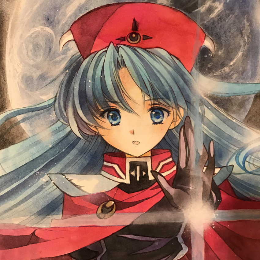 1girl blue_eyes blue_hair cape commentary_request hat highres long_hair lucia_(lunar) lunar lunar_2:_eternal_blue solo