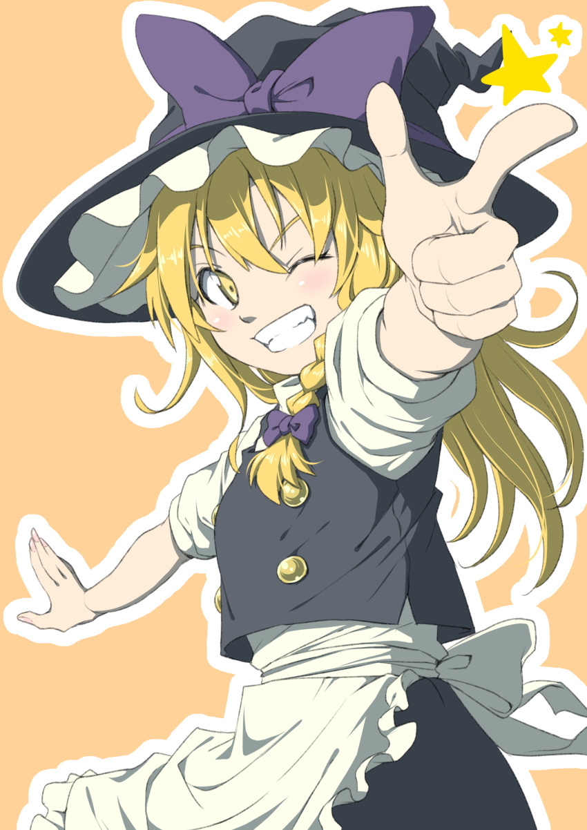 1girl ;) apron bangs black_hat black_skirt black_vest blonde_hair blush bow braid commentary_request cowboy_shot foreshortening frilled_apron frills grin hair_between_eyes hair_bow hat hat_bow highres inuno_rakugaki kirisame_marisa long_hair looking_at_viewer one_eye_closed orange_background outline pointing pointing_at_viewer puffy_short_sleeves puffy_sleeves purple_bow shirt short_sleeves simple_background single_braid skirt skirt_set smile solo star touhou vest waist_apron white_apron white_outline white_shirt witch_hat yellow_eyes