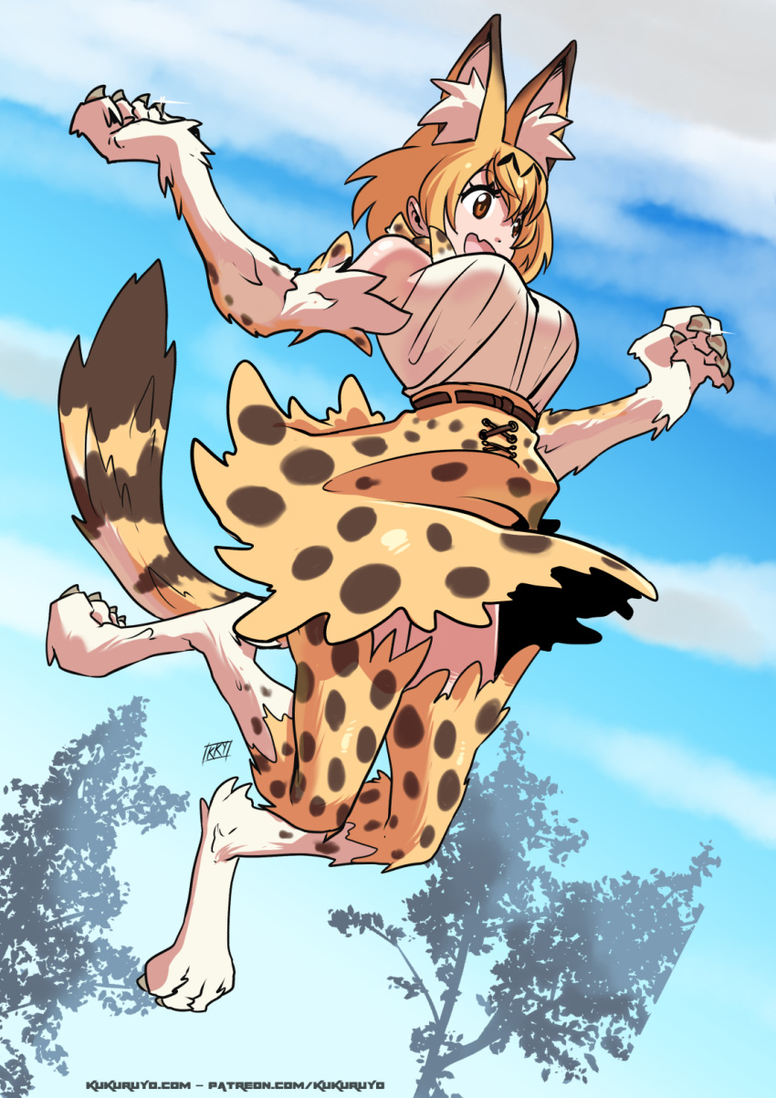 1girl :d animal_ear_fluff animal_ears bare_shoulders belt blonde_hair blue_sky claws commentary day english_commentary extra_ears fang full_body fur high-waist_skirt highres jumping kemono_friends kukuruyo looking_away monster_girl open_mouth orange_eyes outdoors paws print_legwear print_neckwear print_skirt serval_(kemono_friends) serval_ears serval_print serval_tail shirt short_hair signature skirt sky smile solo tail thigh-highs tree watermark web_address white_shirt