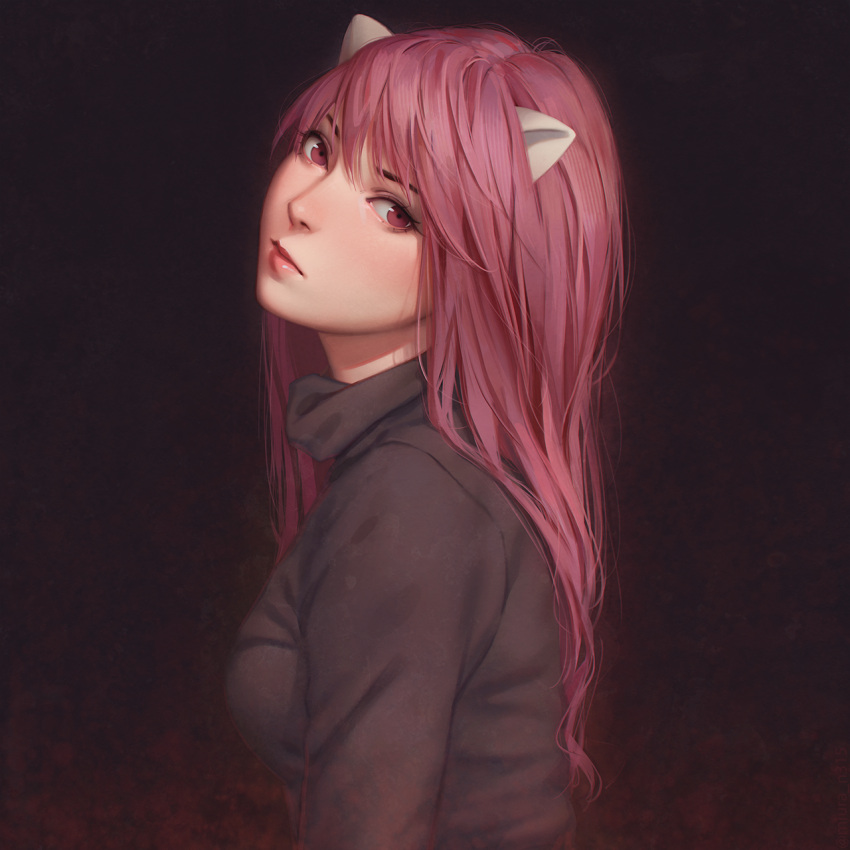 1girl bangs breasts brown_hair brown_shirt closed_mouth commentary_request elfen_lied eyebrows_behind_hair hair_between_eyes head_tilt highres horns long_hair looking_at_viewer looking_to_the_side lucy_(elfen_lied) miura-n315 nose red_eyes shirt small_breasts solo turtleneck upper_body very_long_hair