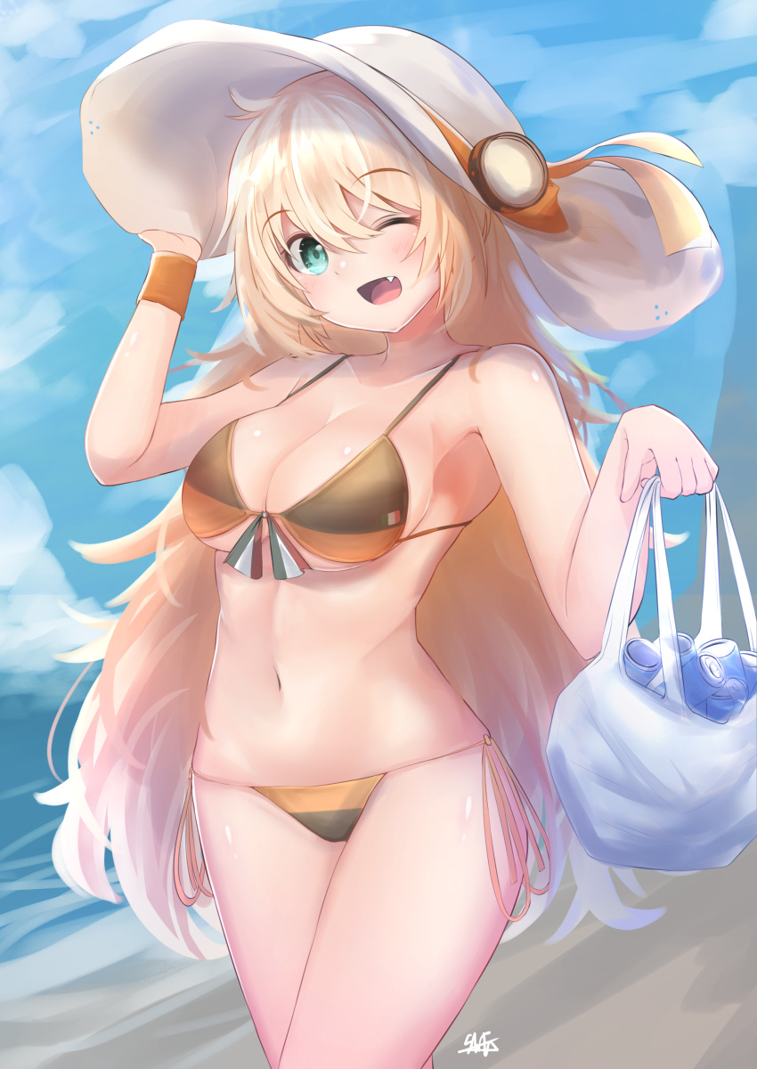 1girl absurdres bag beach bikini blonde_hair blue_sky breasts clouds cowboy_shot day eyebrows_visible_through_hair fang girls_frontline green_eyes hair_between_eyes hat highres hiromaster_sinta_jh large_breasts long_hair looking_at_viewer messy_hair open_mouth outdoors plastic_bag s.a.t.8_(girls_frontline) side-tie_bikini sky smile solo standing sun_hat swimsuit two-tone_bikini very_long_hair