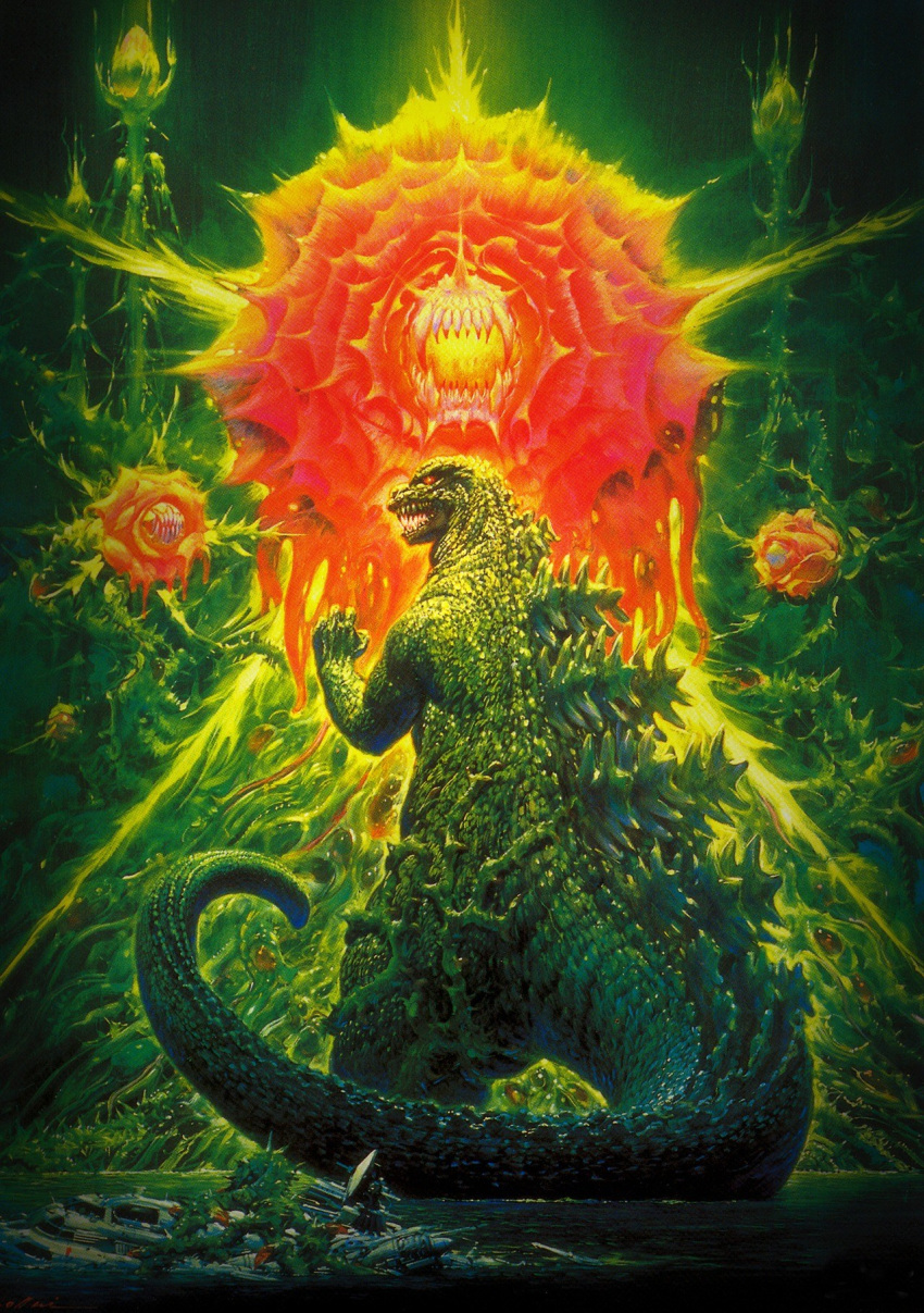 biollante flower godzilla godzilla_(series) highres kaijuu movie_poster official_art open_mouth ourai_noriyoshi red_eyes rose standing teeth toho_(film_company) water watercraft