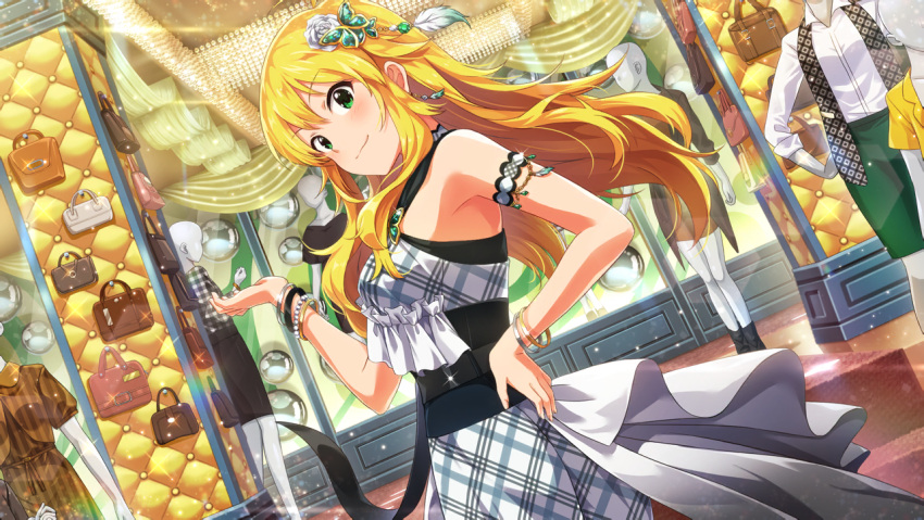 blonde_hair blush dress green_eyes hoshii_miki idolmaster idolmaster_million_live! idolmaster_million_live!_theater_days long_hair smile