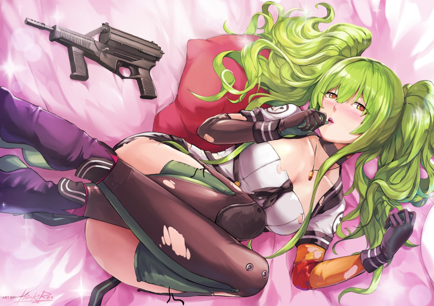 1girl asymmetrical_gloves bangs black_footwear black_gloves black_neckwear blush boots breasts bullet calico_m950 cleavage eyebrows_visible_through_hair full_body girls_frontline gloves green_hair gun hair_between_eyes hand_up handgun head_tilt high_heel_boots high_heels highres hiroki_ree holding jewelry knees_up long_hair looking_at_viewer lying m950a_(girls_frontline) medium_breasts messy_hair neckerchief necklace on_back open_mouth shirt sidelocks signature skirt smile solo submachine_gun thigh-highs torn_clothes twintails two_side_up weapon yellow_eyes