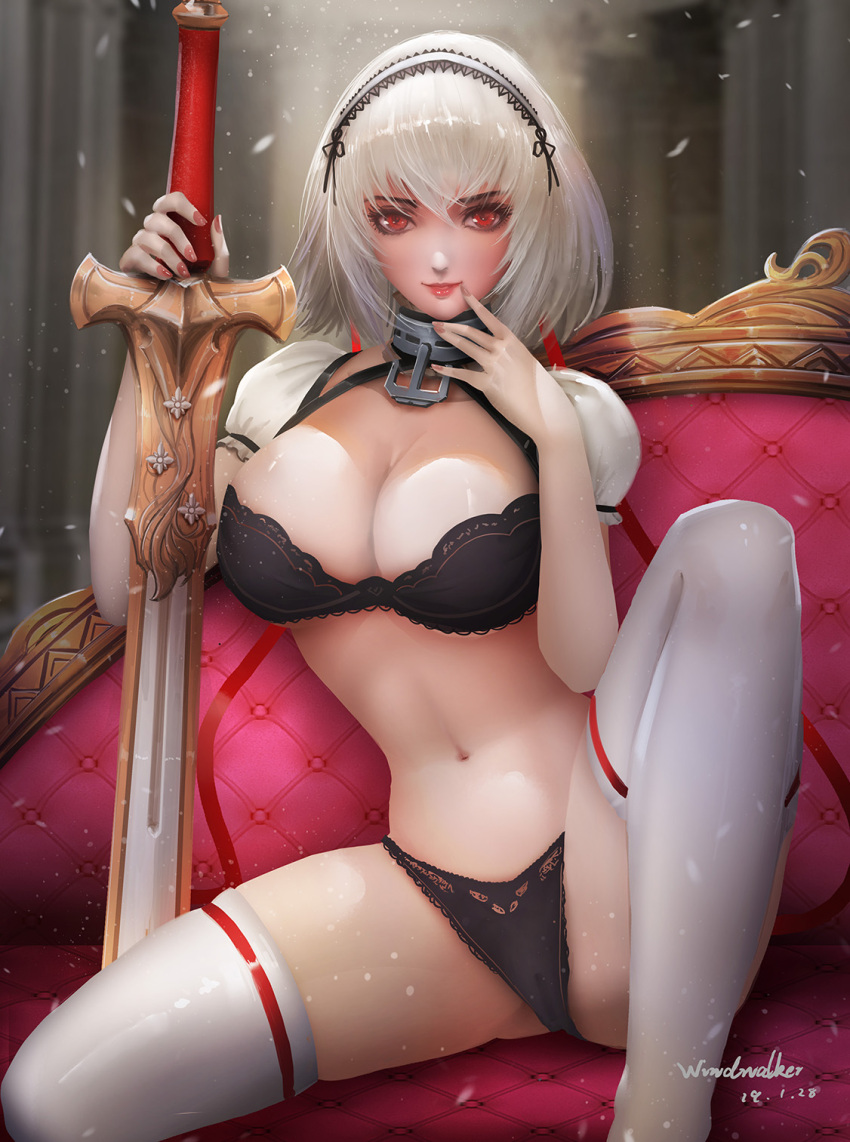 1girl anchor azur_lane bangs black_bra black_panties blush bra breasts choker cleavage collarbone couch dated detached_sleeves groin hair_between_eyes hairband highres holding holding_sword holding_weapon indoors kaze_no_gyouja knee_up lace-trimmed_hairband large_breasts light_particles lingerie looking_at_viewer nail_polish navel panties puffy_short_sleeves puffy_sleeves red_eyes red_lips red_nails short_hair short_sleeves sidelocks signature sirius_(azur_lane) skindentation solo stomach sword thigh-highs underwear weapon white_hair white_legwear