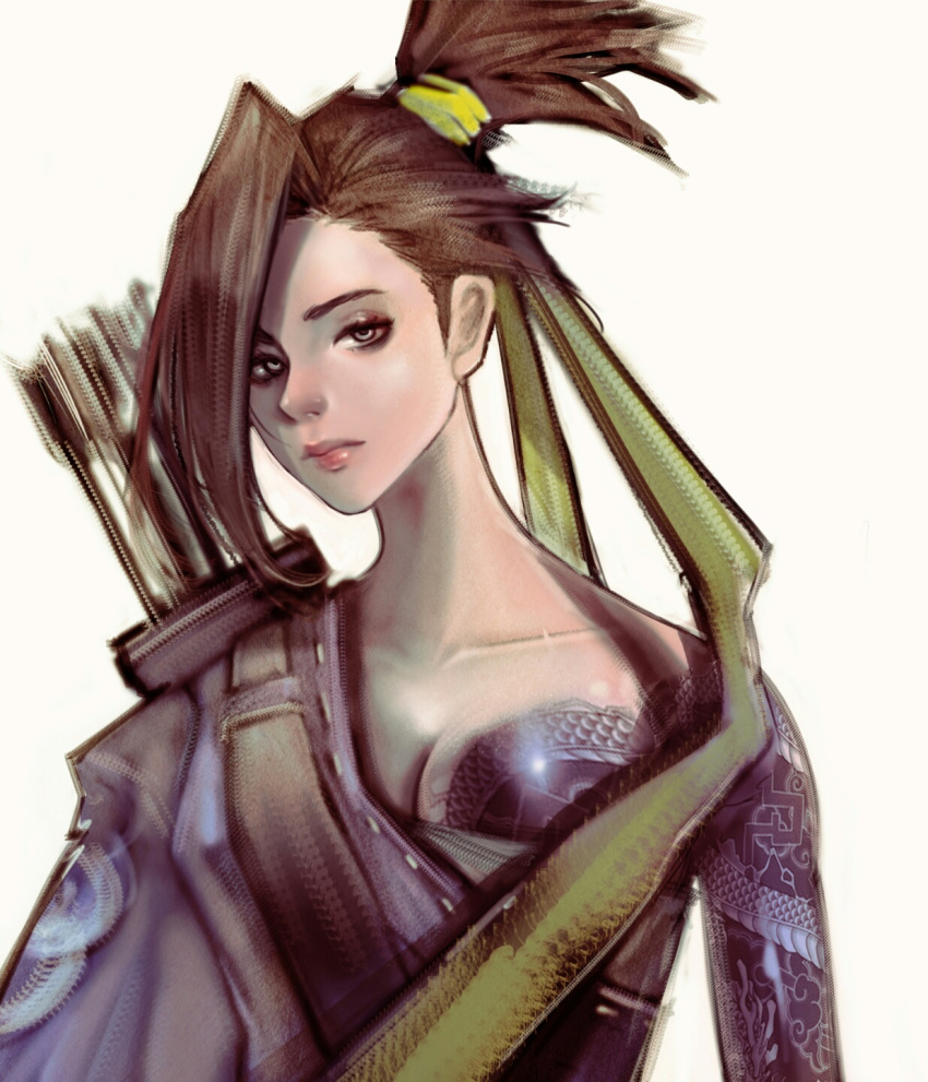 1girl arrow bandage brown_hair closed_mouth clouds collarbone dragon genderswap genderswap_(mtf) green_eyes hair_over_one_eye hanzo_(overwatch) highres kyung_han_kim medium_hair overwatch pink_lips ponytail quiver simple_background solo tattoo tied_hair upper_body white_background