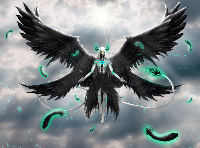 1boy absurdres alternate_design alternate_universe arrancar black_hair bleach clouds cloudy_sky espada facial_mark fallen_angel feathered_wings feathers fingernails fire green_fire highres hollow huge_filesize large_wings long_fingernails long_hair lucifersangel369 male_focus multiple_wings sky solo sun tail ulquiorra_cifer very_long_hair what_if white_hair white_skin wings yellow_eyes