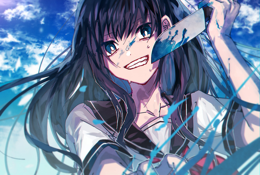 1girl black_hair black_sailor_collar blood blood_splatter blue_blood blue_eyes blue_sky blurry bright_pupils clenched_teeth clouds commentary_request danjou_sora grin holding holding_knife holding_weapon knife long_hair looking_at_viewer original red_neckwear red_sailor_collar sailor_collar school_uniform serafuku short_sleeves sky smile solo stabbing sweat teeth weapon white_pupils white_serafuku