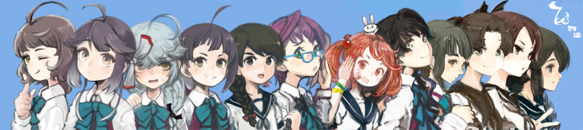 6+girls ahoge animal animal_on_head ayanami_(kantai_collection) bangs blue_background blush bow bowtie closed_mouth eyebrows_visible_through_hair fang fujinami_(kantai_collection) fujinozu glasses hair_bobbles hair_ornament hamanami_(kantai_collection) hayanami_(kantai_collection) highres isonami_(kantai_collection) kantai_collection kishinami_(kantai_collection) long_hair long_image looking_at_viewer looking_away multiple_girls naganami_(kantai_collection) okinami_(kantai_collection) on_head open_mouth rabbit ribbon sailor_collar salute sazanami_(kantai_collection) school_uniform serafuku shikinami_(kantai_collection) shirt short_hair smile sweat takanami_(kantai_collection) trait_connection upper_body uranami_(kantai_collection) white_shirt wide_image