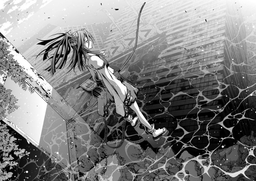 1girl akaneharu_ohkami arrow bow_(weapon) building closed_mouth flight_deck full_body greyscale hachimaki hair_ribbon headband high_ponytail holding holding_bow_(weapon) holding_weapon japanese_clothes kantai_collection long_hair long_sleeves monochrome muneate outdoors ponytail ribbon sandals solo water weapon zuihou_(kantai_collection)