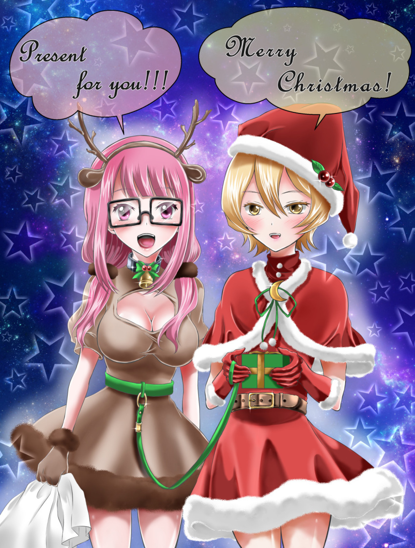 2girls animal_costume animal_ears antlers bell bell_collar blonde_hair blush breasts christmas christmas_present cleavage collar dress glasses hat highres large_breasts leash looking_at_viewer mahou_shoujo_site multiple_girls open_mouth pink_eyes pink_hair reindeer_antlers reindeer_costume reindeer_ears sack santa_costume santa_hat shiny shiny_clothes shiny_hair shiny_skin shioi_rina short_hair speech_bubble star starry_background twintails user_ctnn8475 yatsumura_tsuyuno yellow_eyes