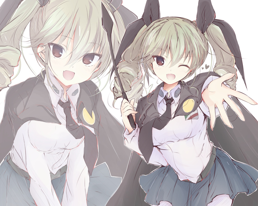 1girl anchovy anzio_school_uniform bad_id bad_twitter_id bangs belt black_belt black_cape black_neckwear black_ribbon black_skirt cape dress_shirt drill_hair eyebrows_visible_through_hair fang getsumen_suibaku_ver._a(c) girls_und_panzer green_hair hair_ribbon heart highres holding leaning_forward long_hair long_sleeves looking_at_viewer miniskirt multiple_views necktie one_eye_closed open_mouth pantyhose pleated_skirt reaching_out red_eyes ribbon riding_crop school_uniform shirt simple_background skirt smile solo standing twin_drills twintails v_arms white_background white_legwear white_shirt