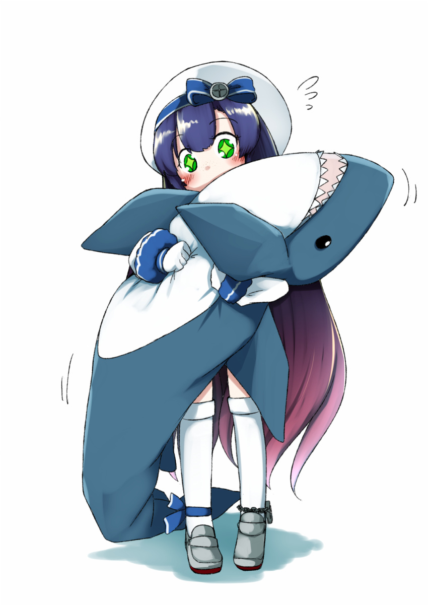 1girl bangs black_hair blush commentary commentary_request eyebrows_visible_through_hair eyelashes freckles gloves gradient_hair green_eyes hat highres holding holding_stuffed_animal ikea_shark kantai_collection kneehighs loafers long_hair long_sleeves matsuwa_(kantai_collection) multicolored_hair nassukun purple_hair sailor_hat shadow shoes solo sparkling_eyes stuffed_animal stuffed_shark stuffed_toy white_background white_gloves white_hat white_legwear