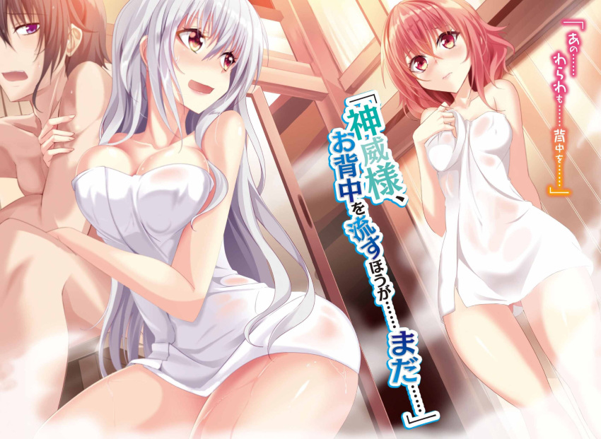 1boy 2girls alchemist_no_shuuen_souzou_jutsu_nirvana arm_grab bathroom blush breasts brown_eyes cleavage covered_navel eyebrows_visible_through_hair gluteal_fold hair_between_eyes haruka_natsuki highres kneeling large_breasts long_hair looking_back medium_breasts multiple_girls naked_towel novel_illustration official_art open_mouth red_eyes sitting standing steam sweatdrop towel very_long_hair violet_eyes wet_towel