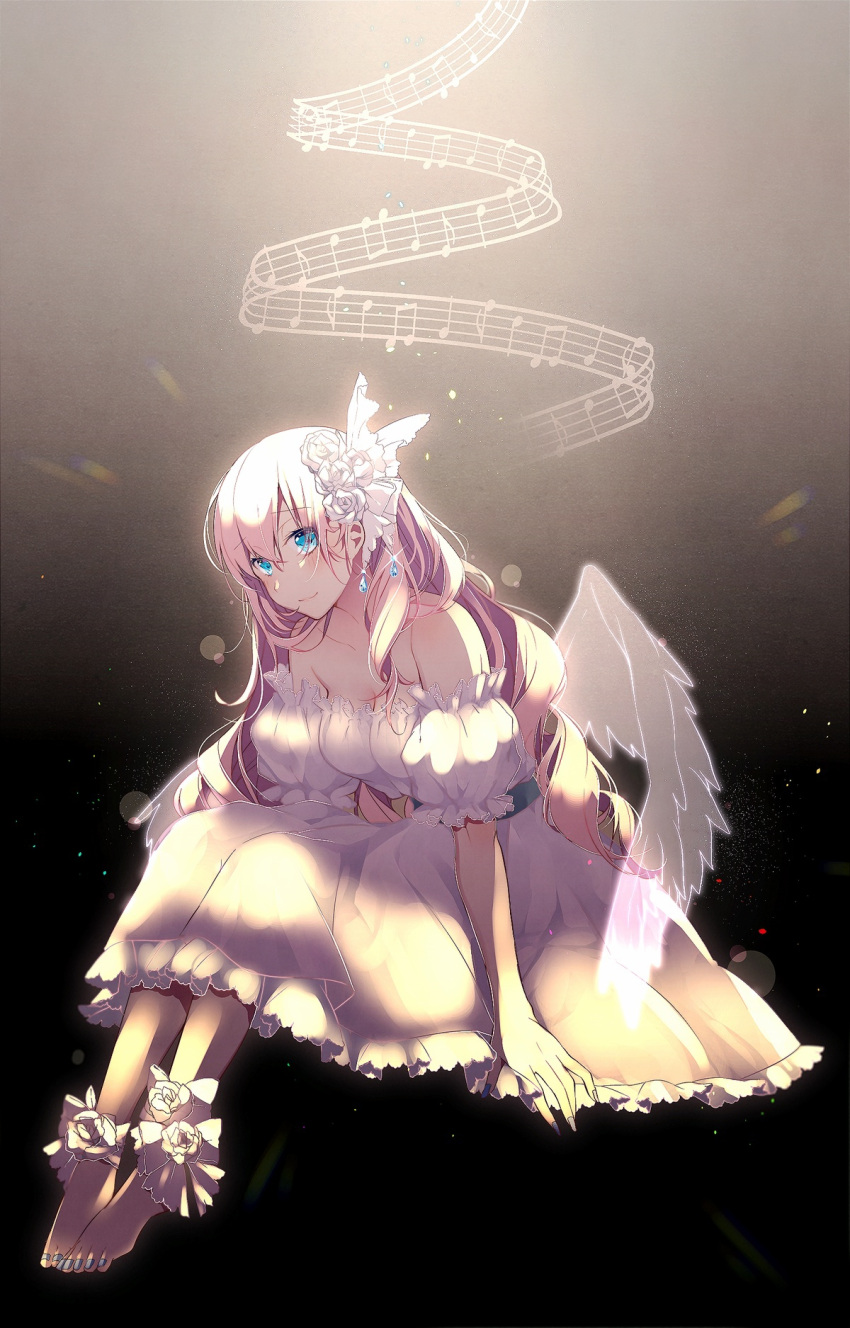 1girl angel_wings ankle_ribbon asagao_minoru bare_shoulders barefoot black_background blue_eyes breasts butterfly_hair_ornament cleavage commentary detached_sleeves dress eighth_note flower flower_anklet frilled_dress frills full_body hair_flower hair_ornament highres leaning_forward legs_together lens_flare long_hair looking_at_viewer medium_breasts megurine_luka musical_note pink_hair puffy_detached_sleeves puffy_sleeves quarter_note ribbon sitting smile solo spotlight staff_(music) strapless strapless_dress very_long_hair vocaloid white_dress wings