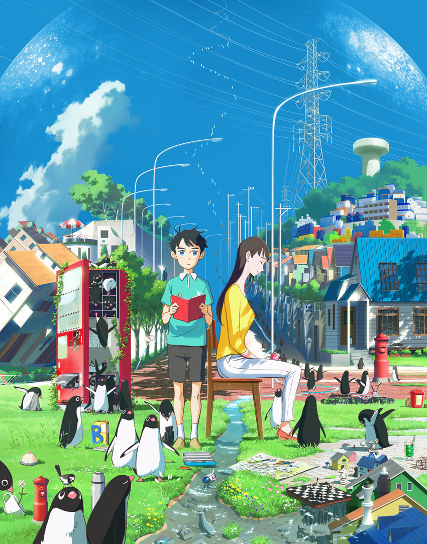 1boy 1girl aoyama-kun_(penguin_highway) aqua_shirt bird black_footwear black_hair blue_eyes blue_sky board_game book brown_footwear building chair chess closed_eyes clouds cup fire_hydrant grass highres house ishida_hiroyasu lamppost lego looking_at_viewer onee-san_(penguin_highway) open_book outdoors pants penguin penguin_highway power_lines road_sign shadow shirt shoes short_sleeves sign sitting sky standing teacup tree umbrella vending_machine water water_tower white_pants yellow_shirt