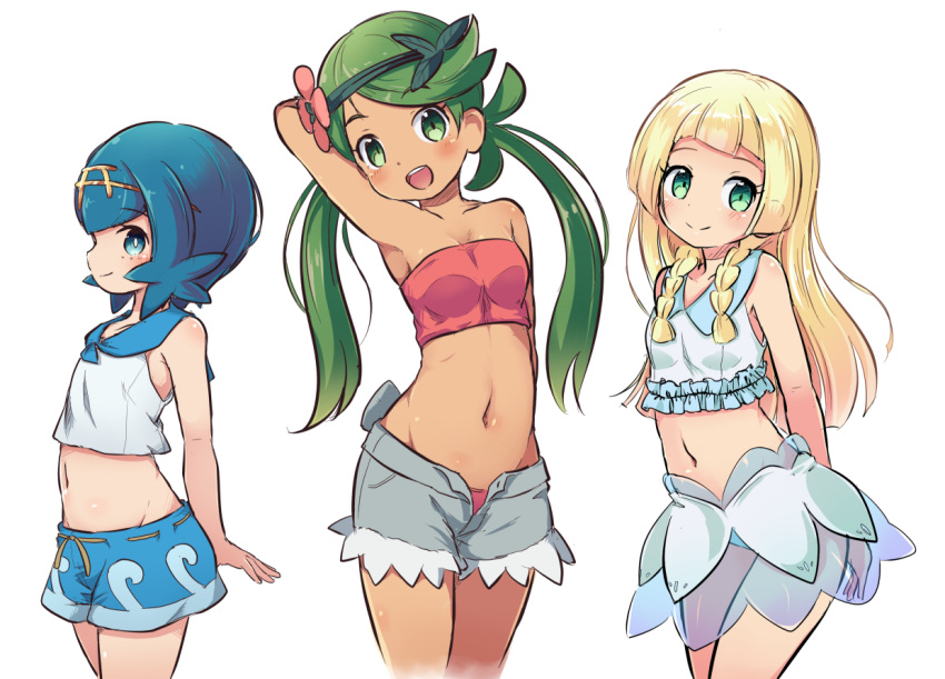 3girls :d bangs bare_arms bare_shoulders blonde_hair blue_eyes blue_hair blue_shorts blush braid breasts closed_mouth collarbone collared_shirt creatures_(company) crop_top eyebrows_visible_through_hair flower game_freak green_eyes green_hair grey_shorts hair_flower hair_ornament lillie_(pokemon) long_hair low_twintails mallow_(pokemon) midriff multiple_girls navel nekono_rin nintendo open_clothes open_fly open_mouth open_shorts pokemon pokemon_(game) pokemon_sm red_flower round_teeth see-through shirt short_shorts shorts simple_background skirt sleeveless sleeveless_shirt small_breasts smile suiren_(pokemon) swept_bangs teeth twin_braids twintails upper_teeth very_long_hair white_background white_shirt white_skirt