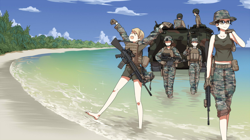 3boys 3girls amphibious_ground_vehicle barefoot beach black_hair blonde_hair bucket_hat camouflage chinese_commentary commentary_request etmc1992 gloves gun hat headwear_removed helmet helmet_removed holster holstered_weapon light_machine_gun load_bearing_vest military multiple_boys multiple_girls original outdoors pants pants_rolled_up short_hair short_shorts shorts sky stretch sunglasses tank_top wading weapon