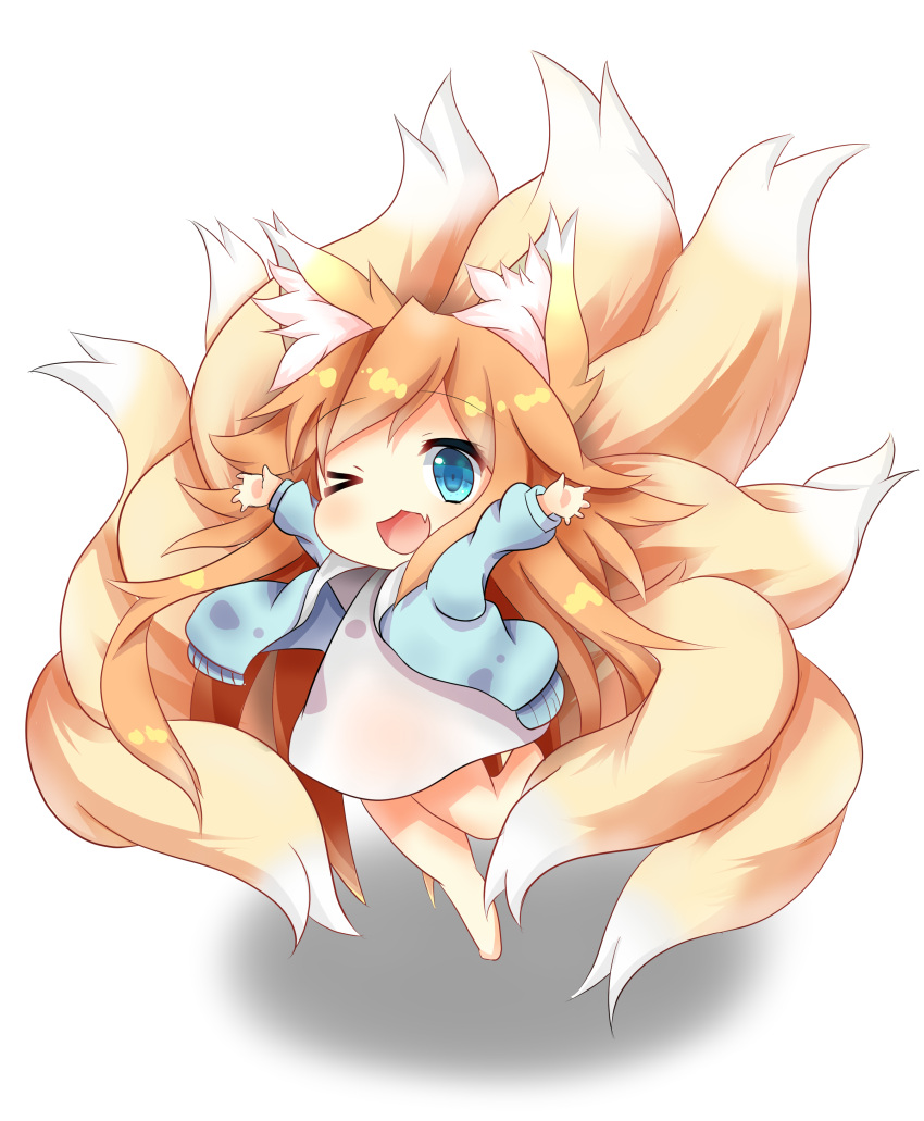 &gt;_o 1girl absurdres animal_ear_fluff animal_ears bangs blonde_hair blue_eyes blue_sweater blush chibi commentary_request dress fang fox_ears fox_girl fox_tail highres kyuubi large_tail long_hair macaroni710 messy_hair multiple_tails one_eye_closed open_mouth original outstretched_arms smile solo standing sweater tail very_long_hair white_dress