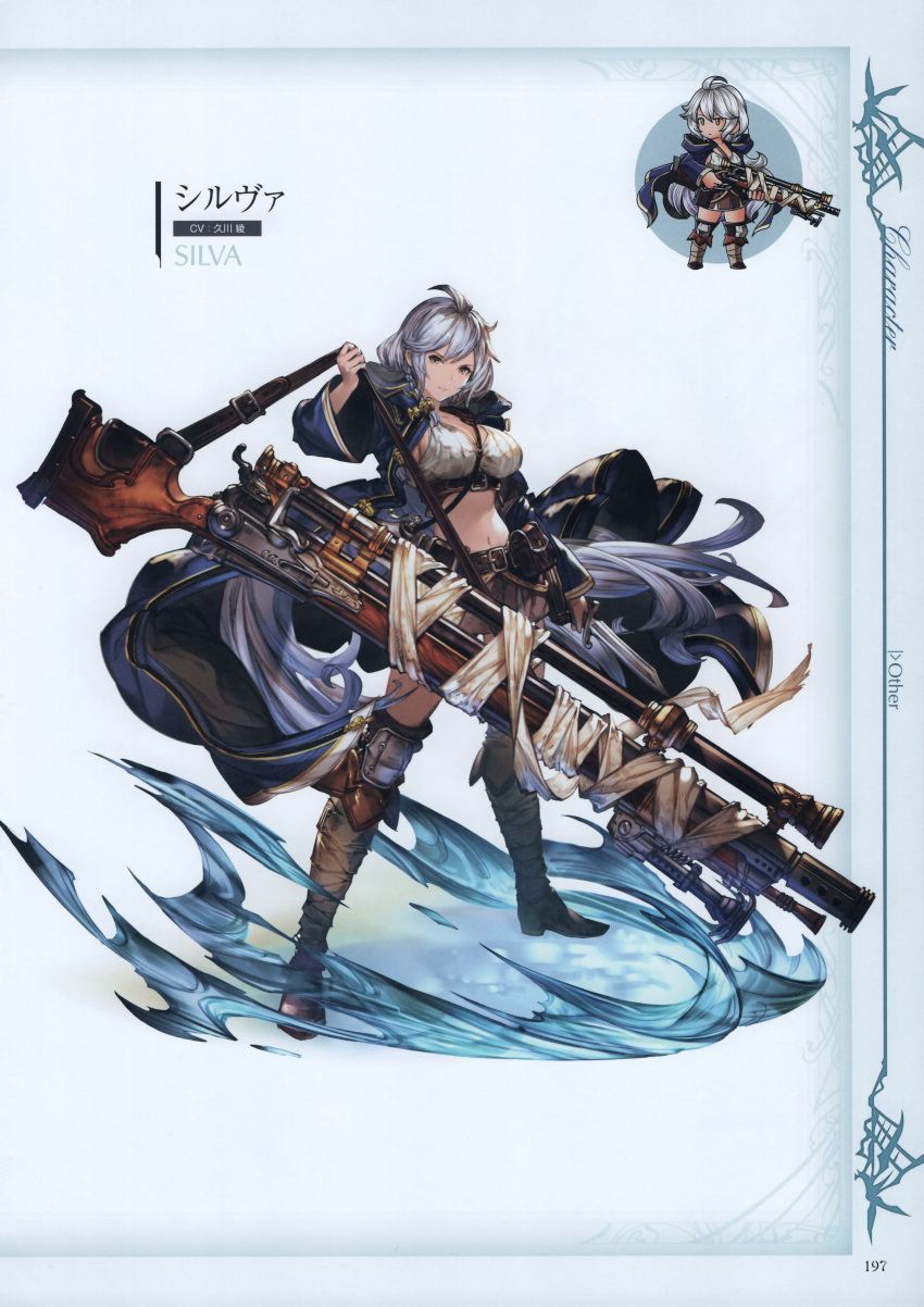 1girl absurdres belt belt_pouch boots braid breasts brown_eyes cleavage detached_sleeves full_body granblue_fantasy gun highres holding holding_weapon huge_weapon knife large_breasts long_coat long_hair looking_at_viewer midriff minaba_hideo navel official_art pouch rifle scan silva_(granblue_fantasy) silver_hair skirt solo thigh-highs very_long_hair weapon wide_sleeves
