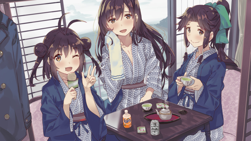 3girls ahoge alternate_costume alternate_hair_length alternate_hairstyle bath_yukata beer_can bow can cheek_bulge coat collarbone commentary cup double_bun eating fanta green_bow green_tea hair_intakes half_updo haori highres holding holding_cup japanese_clothes jintsuu_(kantai_collection) kantai_collection kimono long_hair multiple_girls naka_(kantai_collection) obi sash senbei sendai_(kantai_collection) table tea teapot tonari_no_kai_keruberosu towel wiping_face yukata