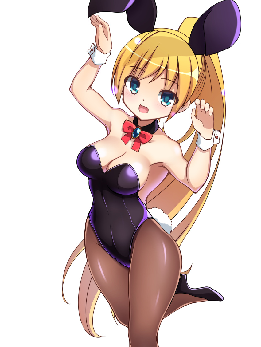 1girl absurdres alice360 animal_ears armpits bare_shoulders blonde_hair blush breasts bunny_tail bunnysuit cleavage collarbone elsword eyebrows_visible_through_hair highres long_hair medium_breasts ponytail rabbit_ears ribbon smile tail