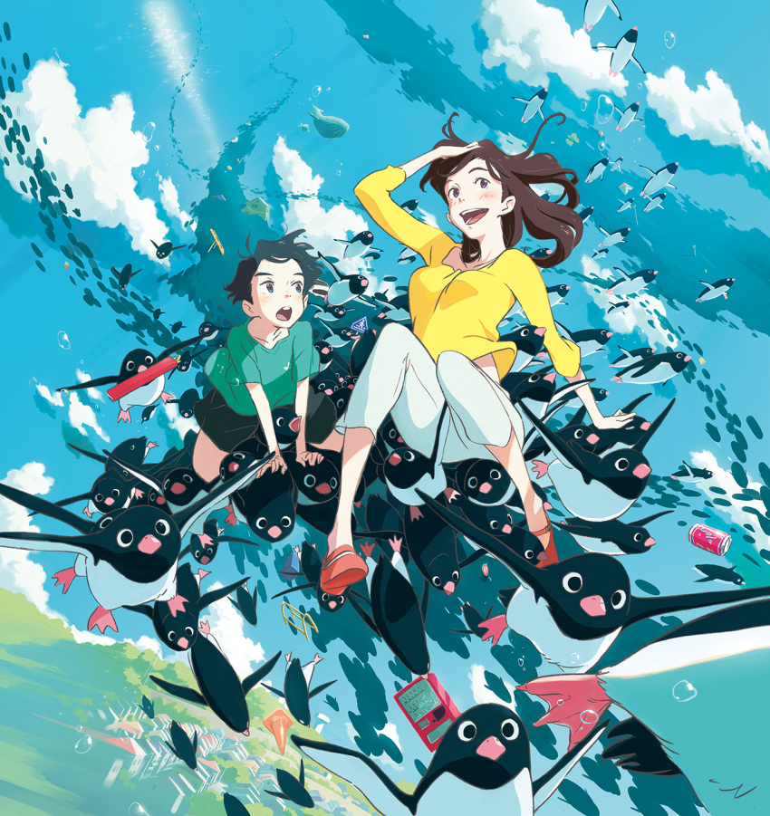 1boy 1girl :d :o aoyama-kun_(penguin_highway) aqua_shirt bird black_shorts blue_sky blush book bubble can child clouds day highres house ishida_hiroyasu long_hair looking_up mary_janes midair mouth_hold onee-san_(penguin_highway) open_mouth pants penguin penguin_highway pink_footwear shirt shoes shorts sky smile soda_can too_many vending_machine whale white_pants yellow_shirt